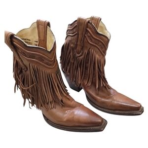 CORRAL Cowgirl Fringe Whip Stitch Short Boot Snip Toe Cognac Leather Women 6.5